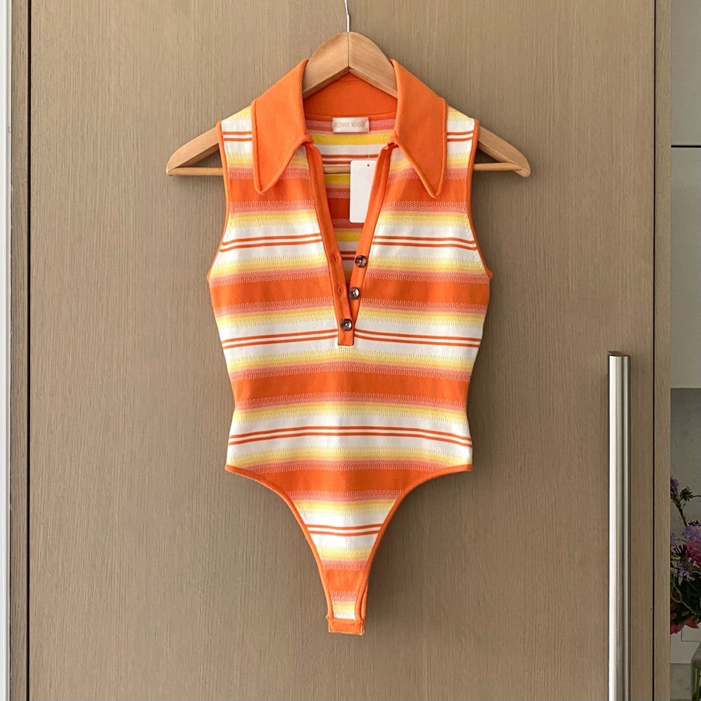Ronny Kobo knit polo collar striped bodysuit orange white